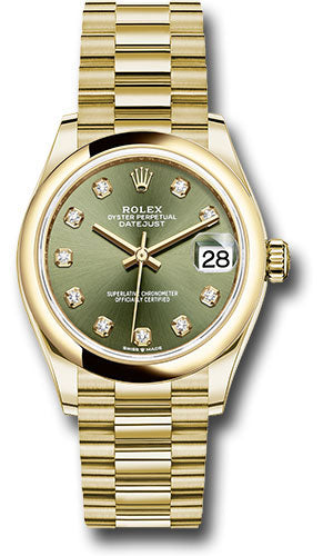 *Pre-Owned* Rolex Yellow Gold Datejust 31 Watch - Domed Bezel - Olive Green Diamond Dial - President Bracelet