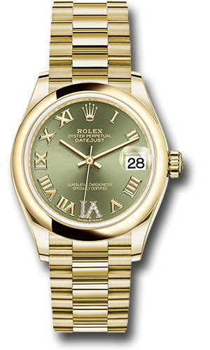 *Pre-Owned* Rolex Yellow Gold Datejust 31 Watch - Domed Bezel - Olive Green Diamond Six Dial - President Bracelet