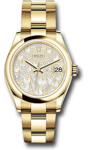 *Pre-Owned* Rolex Yellow Gold Datejust 31 Watch - Domed Bezel - Paved Mother-of-Pearl Butterfly Dial - Oyster Bracelet
