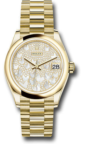 *Pre-Owned* Rolex Yellow Gold Datejust 31 Watch - Domed Bezel - Paved Mother-of-Pearl Butterfly Dial - President Bracelet