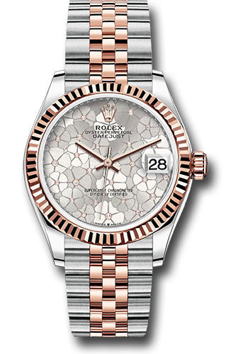 *Pre-Owned* Rolex Everose Rolesor Datejust 31 Watch - Fluted Bezel - Silver Floral Motif Diamond Dial - Jubilee Bracelet