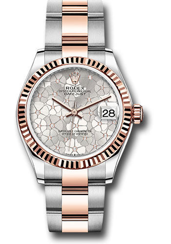 *Pre-Owned* Rolex Everose Rolesor Datejust 31 Watch - Fluted Bezel - Silver Floral Motif Diamond Dial - Oyster Bracelet