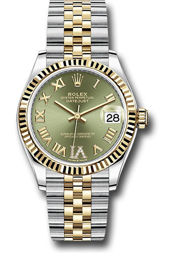 *Pre-Owned* Rolex Steel and Yellow Gold Datejust 31 Watch - Fluted Bezel - Olive Green Diamond Roman Six Dial - Jubilee Bracelet