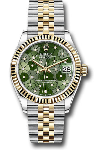 *Pre-Owned* Rolex Yellow Rolesor Datejust 31 Watch - Fluted Bezel - Olive Green Floral Motif Diamond 6 Dial - Jubilee Bracelet