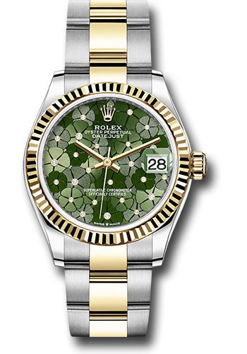 *Pre-Owned* Rolex Yellow Rolesor Datejust 31 Watch - Fluted Bezel - Olive Green Floral Motif Diamond 6 Dial - Oyster Bracelet