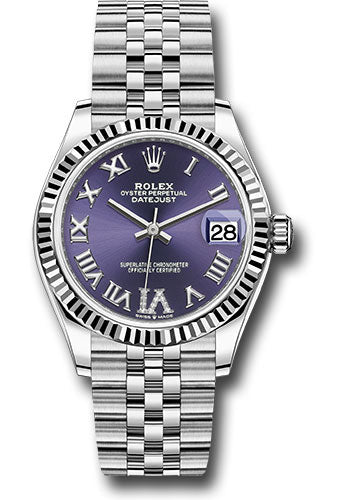 *Pre-Owned* Rolex Steel and White Gold Datejust 31 Watch - Fluted Bezel - Aubergine Roman Diamond 6 Dial - Jubilee Bracelet