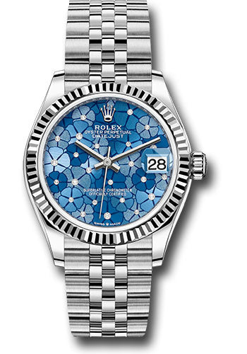 *Pre-Owned* Rolex White Rolesor Datejust 31 Watch - Fluted Bezel - Azzurro Blue Floral Motif Diamond Dial - Jubilee Bracelet