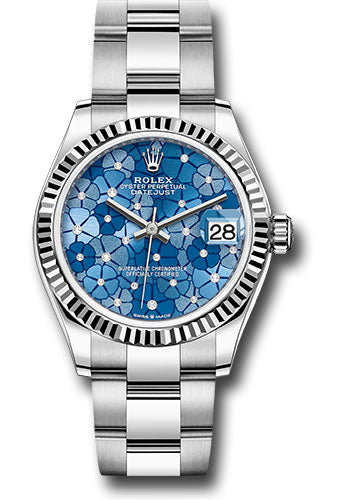 *Pre-Owned* Rolex White Rolesor Datejust 31 Watch - Fluted Bezel - Azzurro Blue Floral Motif Diamond Dial - Oyster Bracelet