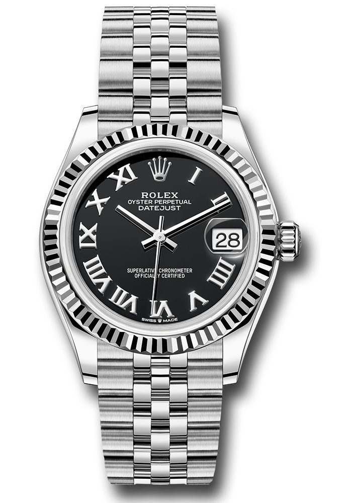*Pre-Owned* Rolex Steel and White Gold Datejust 31 Watch - Fluted Bezel - Black Roman Dial - Jubilee Bracelet