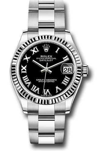 *Pre-Owned* Rolex Steel and White Gold Datejust 31 Watch - Fluted Bezel - Black Roman Dial - Oyster Bracelet