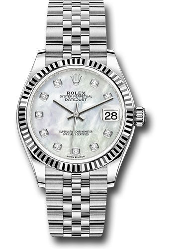 *Pre-Owned* Rolex Steel and White Gold Datejust 31 Watch - Fluted Bezel - White Mother-Of-Pearl Diamond Dial - Jubilee Bracelet