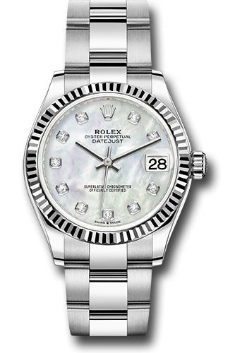 *Pre-Owned* Rolex Steel and White Gold Datejust 31 Watch - Fluted Bezel - White Mother-Of-Pearl Diamond Dial - Oyster Bracelet