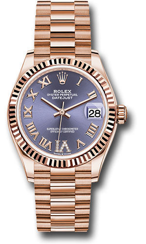 *Pre-Owned* Rolex Everose Gold Datejust 31 Watch - Fluted Bezel - Aubergine Diamond Six Dial - President Bracelet