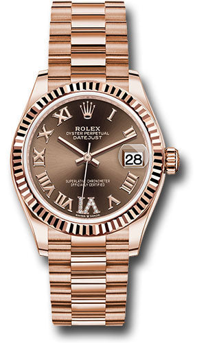 *Pre-Owned* Rolex Everose Gold Datejust 31 Watch - Fluted Bezel - Chocolate Diamond Six Dial - President Bracelet