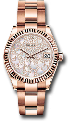 *Pre-Owned* Rolex Everose Gold Datejust 31 Watch - Fluted Bezel - Diamond Paved Butterfly Dial - Oyster Bracelet