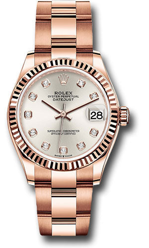 *Pre-Owned* Rolex Everose Gold Datejust 31 Watch - Fluted Bezel - Silver Diamond Dial - Oyster Bracelet