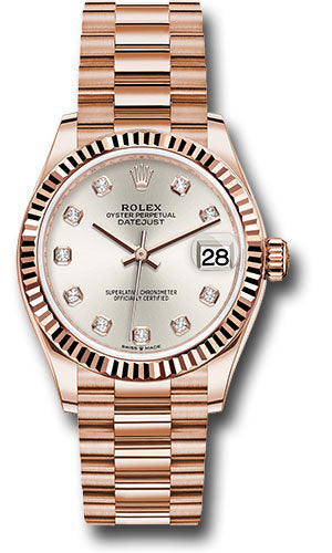 *Pre-Owned* Rolex Everose Gold Datejust 31 Watch - Fluted Bezel - Silver Diamond Dial - President Bracelet