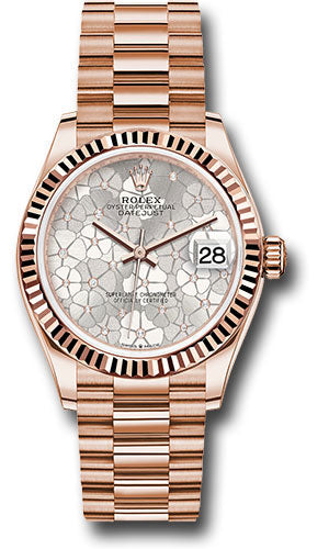 *Pre-Owned* Rolex Everose Gold Datejust 31 Watch - Fluted Bezel - Silver Floral Motif Diamond Dial - President Bracelet
