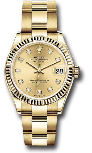 *Pre-Owned* Rolex Yellow Gold Datejust 31 Watch - Fluted Bezel - Champagne Diamond Dial - Oyster Bracelet