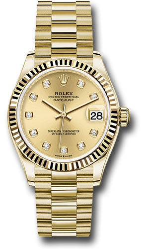 *Pre-Owned* Rolex Yellow Gold Datejust 31 Watch - Fluted Bezel - Champagne Diamond Dial - President Bracelet