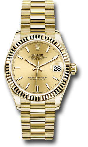 *Pre-Owned* Rolex Yellow Gold Datejust 31 Watch - Fluted Bezel - Champagne Index Dial - President Bracelet