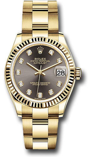 *Pre-Owned* Rolex Yellow Gold Datejust 31 Watch - Fluted Bezel - Dark Grey Diamond Dial - Oyster Bracelet