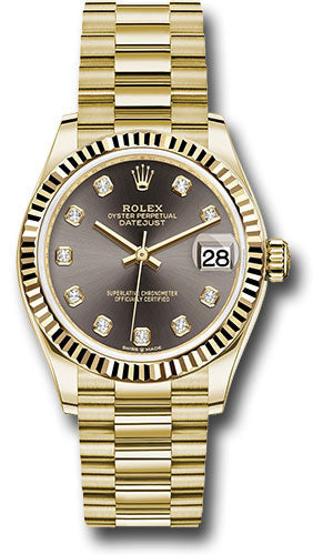 *Pre-Owned* Rolex Yellow Gold Datejust 31 Watch - Fluted Bezel - Dark Grey Diamond Dial - President Bracelet