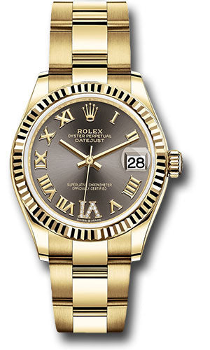 *Pre-Owned* Rolex Yellow Gold Datejust 31 Watch - Fluted Bezel - Dark Grey Diamond Six Dial - Oyster Bracelet