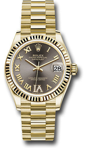*Pre-Owned* Rolex Yellow Gold Datejust 31 Watch - Fluted Bezel - Dark Grey Diamond Six Dial - President Bracelet