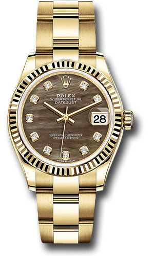 *Pre-Owned* Rolex Yellow Gold Datejust 31 Watch - Fluted Bezel - Dark Mother-of-Pearl Diamond Dial - Oyster Bracelet