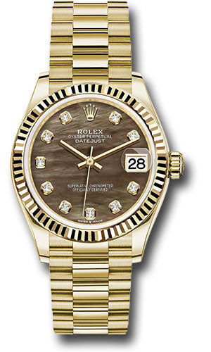 *Pre-Owned* Rolex Yellow Gold Datejust 31 Watch - Fluted Bezel - Dark Mother-of-Pearl Diamond Dial - President Bracelet