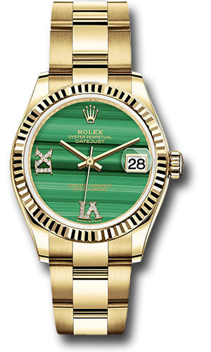 *Pre-Owned* Rolex Yellow Gold Datejust 31 Watch - Fluted Bezel - Malachite Diamond Six and Nine Dial - Oyster Bracelet