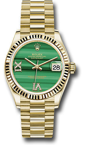 *Pre-Owned* Rolex Yellow Gold Datejust 31 Watch - Fluted Bezel - Malachite Diamond Six and Nine Dial - President Bracelet