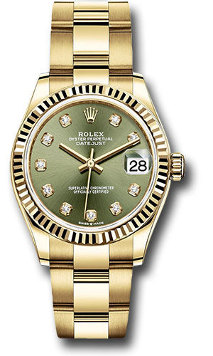 *Pre-Owned* Rolex Yellow Gold Datejust 31 Watch - Fluted Bezel - Olive Green Diamond Dial - Oyster Bracelet