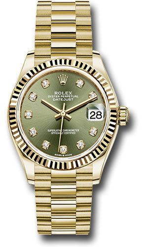 *Pre-Owned* Rolex Yellow Gold Datejust 31 Watch - Fluted Bezel - Olive Green Diamond Dial - President Bracelet