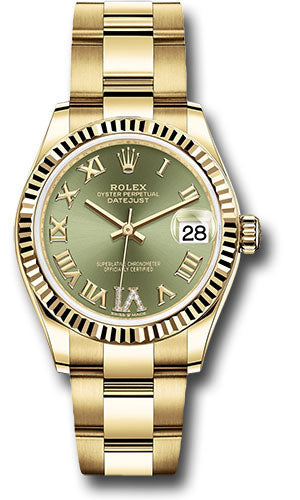 *Pre-Owned* Rolex Yellow Gold Datejust 31 Watch - Fluted Bezel - Olive Green Diamond Six Dial - Oyster Bracelet