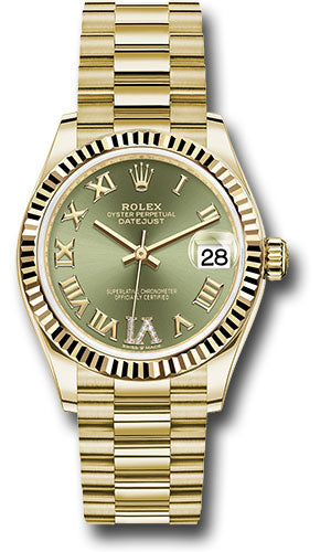 *Pre-Owned* Rolex Yellow Gold Datejust 31 Watch - Fluted Bezel - Olive Green Diamond Six Dial - President Bracelet