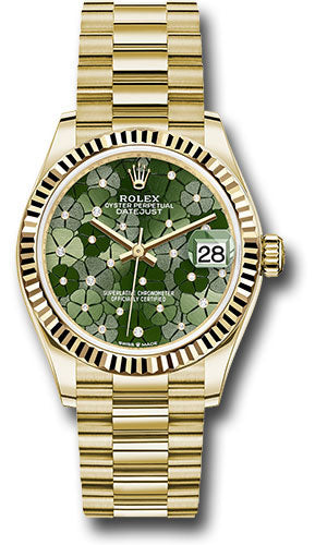 *Pre-Owned* Rolex Yellow Gold Datejust 31 Watch - Fluted Bezel - Olive Green Floral Motif Diamond 6 Dial - President Bracelet