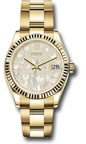 *Pre-Owned* Rolex Yellow Gold Datejust 31 Watch - Fluted Bezel - Paved Mother-of-Pearl Butterfly Dial - Oyster Bracelet