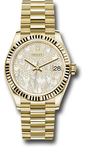*Pre-Owned* Rolex Yellow Gold Datejust 31 Watch - Fluted Bezel - Paved Mother-of-Pearl Butterfly Dial - President Bracelet