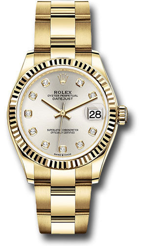 *Pre-Owned* Rolex Yellow Gold Datejust 31 Watch - Fluted Bezel - Silver Diamond Dial - Oyster Bracelet