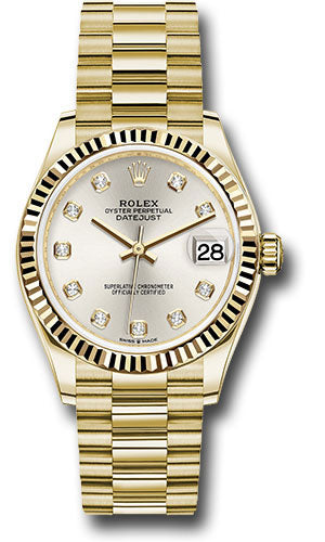 *Pre-Owned* Rolex Yellow Gold Datejust 31 Watch - Fluted Bezel - Silver Diamond Dial - President Bracelet
