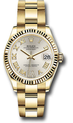 *Pre-Owned* Rolex Yellow Gold Datejust 31 Watch - Fluted Bezel - Silver Diamond Six Dial - Oyster Bracelet