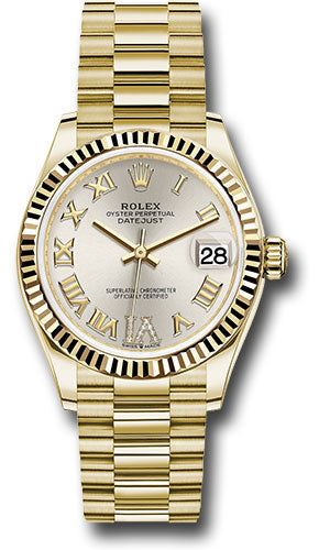 *Pre-Owned* Rolex Yellow Gold Datejust 31 Watch - Fluted Bezel - Silver Diamond Six Dial - President Bracelet