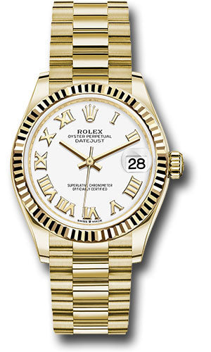 *Pre-Owned* Rolex Yellow Gold Datejust 31 Watch - Fluted Bezel - White Roman Dial - President Bracelet