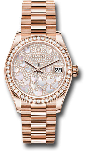 *Pre-Owned* Rolex Everose Gold Datejust 31 Watch - Diamond Bezel - Diamond Paved Butterfly Dial - President Bracelet