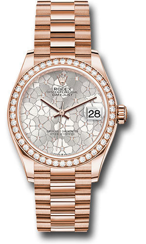 *Pre-Owned* Rolex Everose Gold Datejust 31 Watch - Diamond Bezel - Silver Floral Motif Diamond Dial - President Bracelet