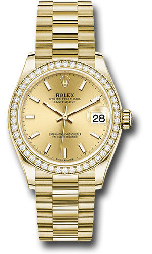 *Pre-Owned* Rolex Yellow Gold Datejust 31 Watch - Diamond Bezel - Champagne Index Dial - President Bracelet