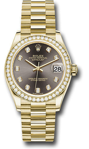 *Pre-Owned* Rolex Yellow Gold Datejust 31 Watch - Diamond Bezel - Dark Grey Diamond Dial - President Bracelet
