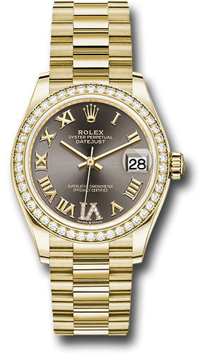 *Pre-Owned* Rolex Yellow Gold Datejust 31 Watch - Diamond Bezel - Dark Grey Diamond Six Dial - President Bracelet